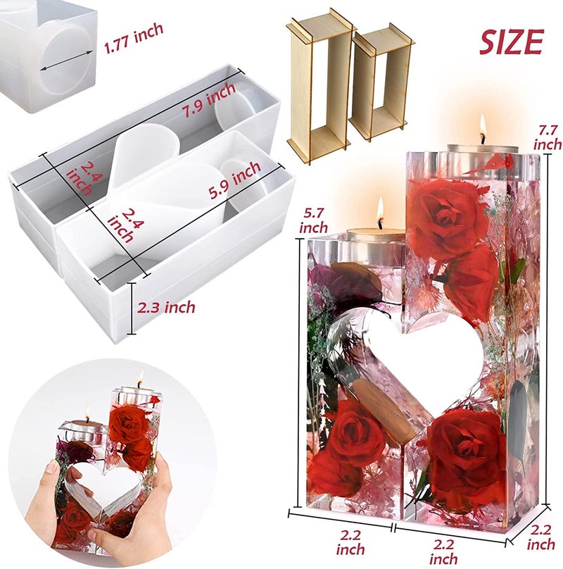 SNOOGG Romantic Warm Gift Heart Shape Resin Tealight Candles Holders Mold Set, 2pc molds and 2pc Wooden Frame. Moulds for Epoxy Casting DIY Wedding Party Home Decor Valentine’s Day Gift - Image 2