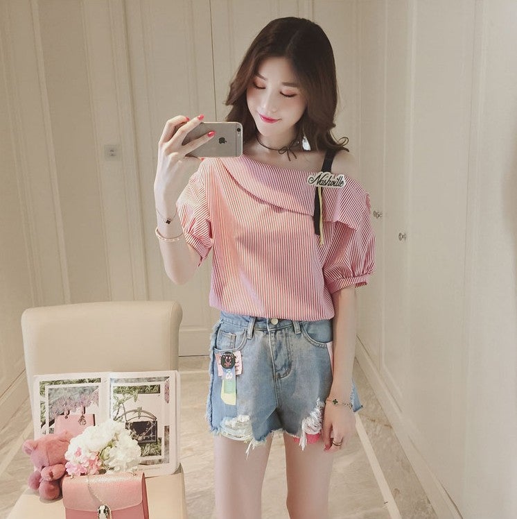 Open Shoulder T-Shirt Women'S Short-Sleeved 2019 Summer Clothing New Fashionable Students Half-Sleeved Base Shirt Striped All-Match Small Shirt Top - Image 5