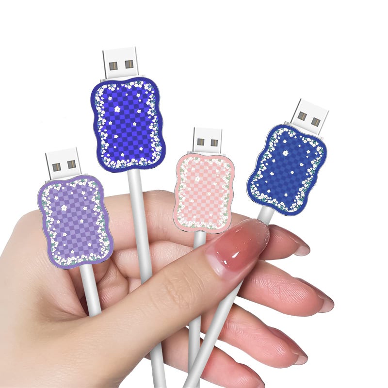 CameCosy Cute Flower Phone Charger Cable Protector for Samsung Android USB Charger Wave ShapeColorful Checkered Pattern 4 PCS USB Cable ProtectorsPhone Cord Protector for Women GirlsUSB Charger Saver - Image 2