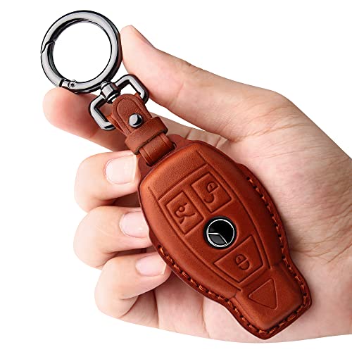 Tukellen for Mercedes Benz Key fob Cover Genuine Leather with Keychain,Leather Key case Protector Compatible C E M S CLS CLK GLK GLC G AMG Series Smart Remote Key,Brown - Image 1