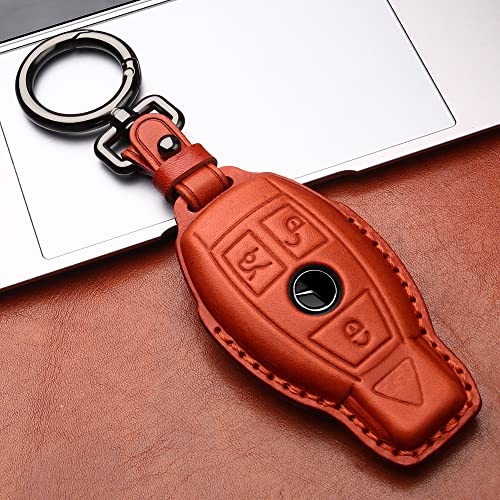 Tukellen for Mercedes Benz Key fob Cover Genuine Leather with Keychain,Leather Key case Protector Compatible C E M S CLS CLK GLK GLC G AMG Series Smart Remote Key,Brown - Image 4