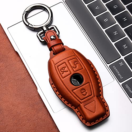 Tukellen for Mercedes Benz Key fob Cover Genuine Leather with Keychain,Leather Key case Protector Compatible C E M S CLS CLK GLK GLC G AMG Series Smart Remote Key,Brown - Image 5