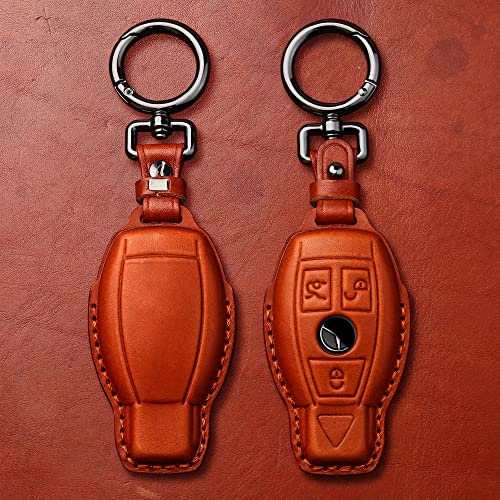 Tukellen for Mercedes Benz Key fob Cover Genuine Leather with Keychain,Leather Key case Protector Compatible C E M S CLS CLK GLK GLC G AMG Series Smart Remote Key,Brown - Image 3