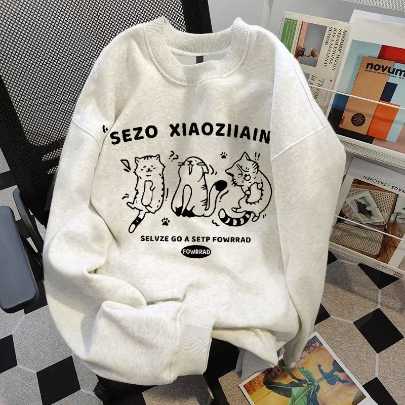 Fleece-Lined Thickened Pure Cotton Korean Style Kitten Simple All-Match Loose Laid-Back Style Ins Men'S Hooded Sweat For Men And Women - Image 4