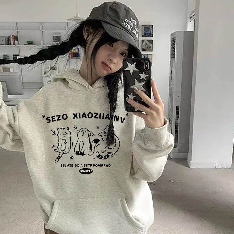 Fleece-Lined Thickened Pure Cotton Korean Style Kitten Simple All-Match Loose Laid-Back Style Ins Men'S Hooded Sweat For Men And Women - Image 1