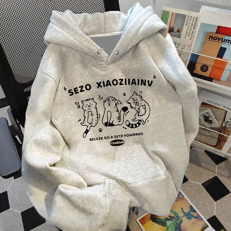 Fleece-Lined Thickened Pure Cotton Korean Style Kitten Simple All-Match Loose Laid-Back Style Ins Men'S Hooded Sweat For Men And Women - Image 3