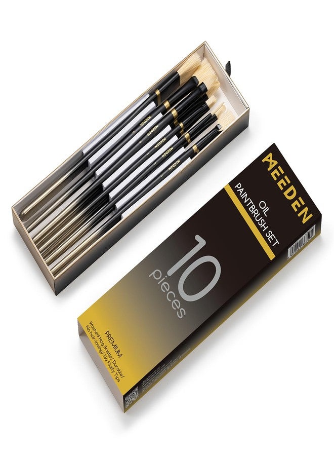 MEEDEN Oil Paint Brush Set: 10 Pcs Hog Bristle Paint Brushes with Wood Long Handle - Artist Paint Brush Set for Adults Beginners - Perfect for Oil Acrylic Canvas Painting - Image 1