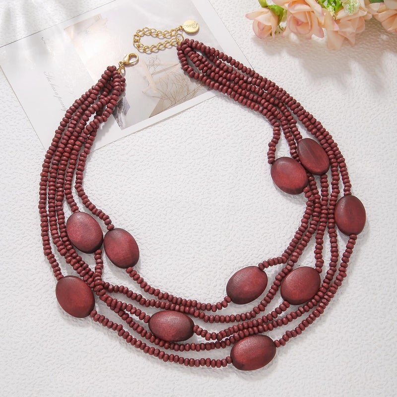 Coiris Multi Color 5 Layers Wood Beads Strand Statement Necklace for Women Chunky Collar (N0019) - Image 3