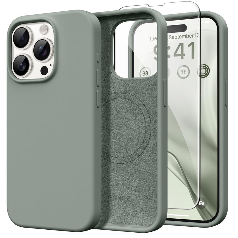 GONEZ Magnetic for iPhone 15 Pro Case Compatible with MagSafe AntiScratch Microfiber Lining Screen Protector Shockproof Slim Phone Silicone Cover 61 inch Calke Green - Image 3