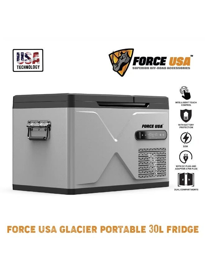 FORCE USA Glacier Portable 30L Car Fridge Freezer | Dual Compartment | -18°C to 20°C | Metal Body | 55W Low Power | DC & AC Compatible | Portable Camping & Travel Refrigerator | Grey - Image 2