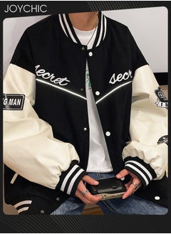 Classic Trendy Spring Autumn and Winter Warm Cotton Outwear Men Button Varsity College Baseball Jacket Casual Embroidered Streetwear Coat Black