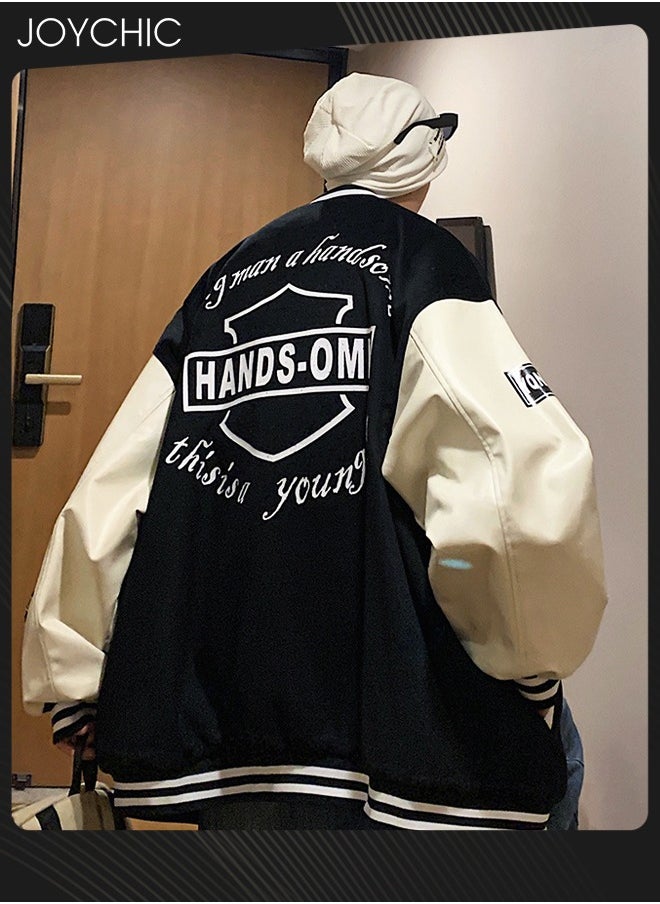 Joychic - Classic Trendy Spring Autumn and Winter Warm Cotton Outwear Men Button Varsity College Baseball Jacket Casual Embroidered Streetwear Coat Black - Image 1