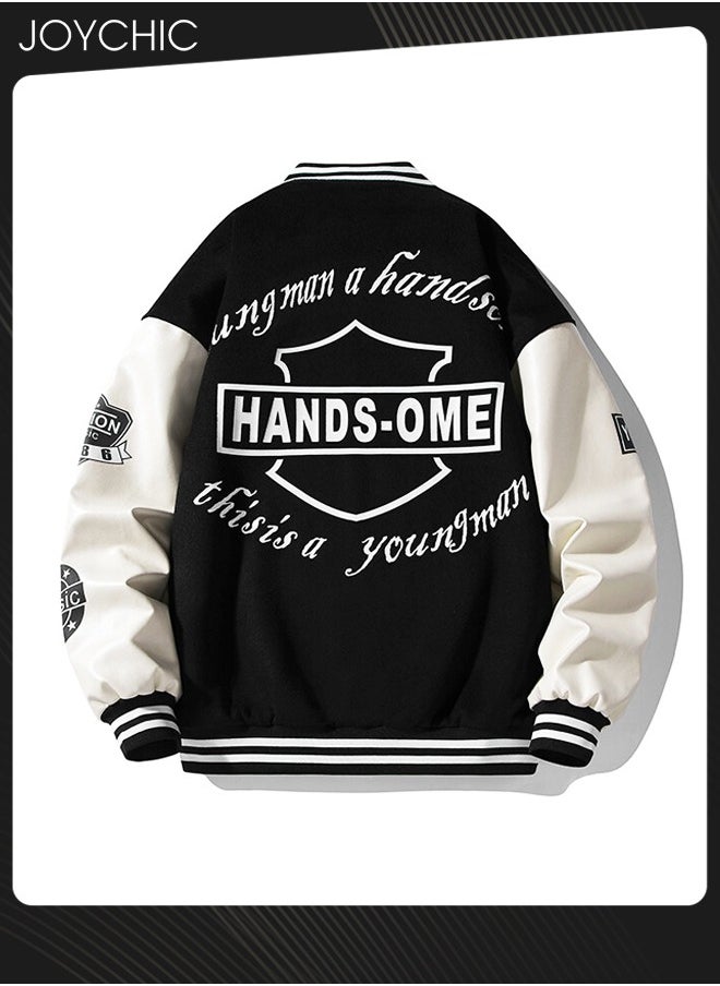 Joychic - Classic Trendy Spring Autumn and Winter Warm Cotton Outwear Men Button Varsity College Baseball Jacket Casual Embroidered Streetwear Coat Black - Image 1