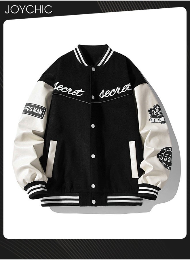Joychic - Classic Trendy Spring Autumn and Winter Warm Cotton Outwear Men Button Varsity College Baseball Jacket Casual Embroidered Streetwear Coat Black - Image 1