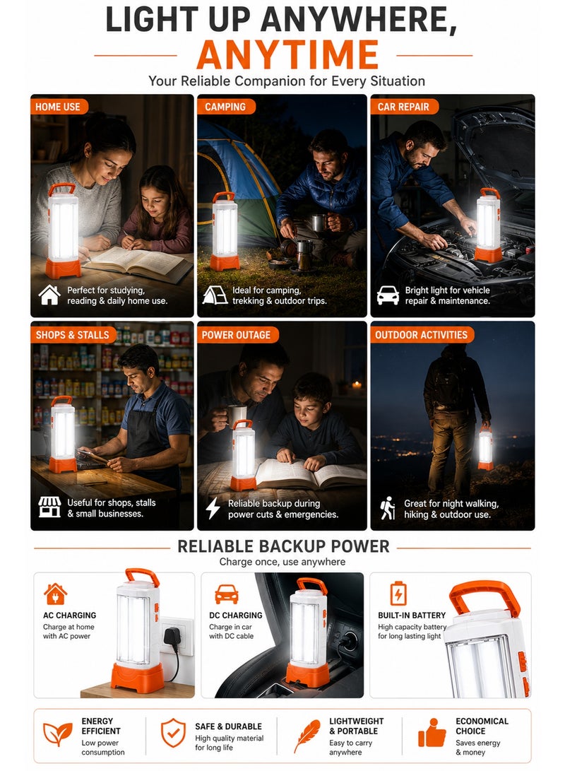 مصباح LED طوارئ قابل لإعادة الشحن مع ضوء أنبوب مزدوج - فانوس تخييم محمول مع شحن AC/DC أوضاع قوية وضعيفة للاستخدام المنزلي والخارجي والطوارئ - Image 3