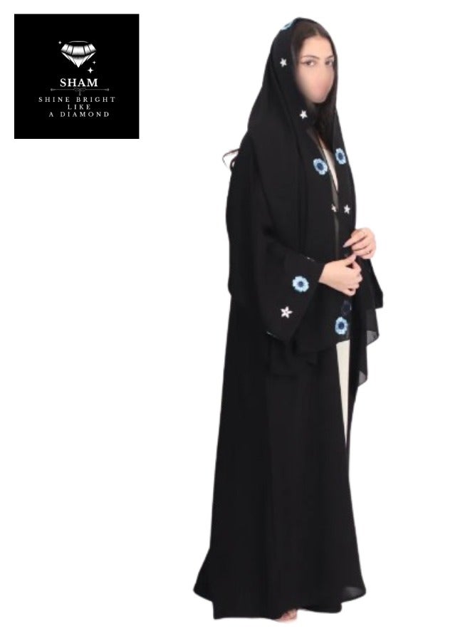 Sham Abaya embroidered with stars and blue flowers - Image 2