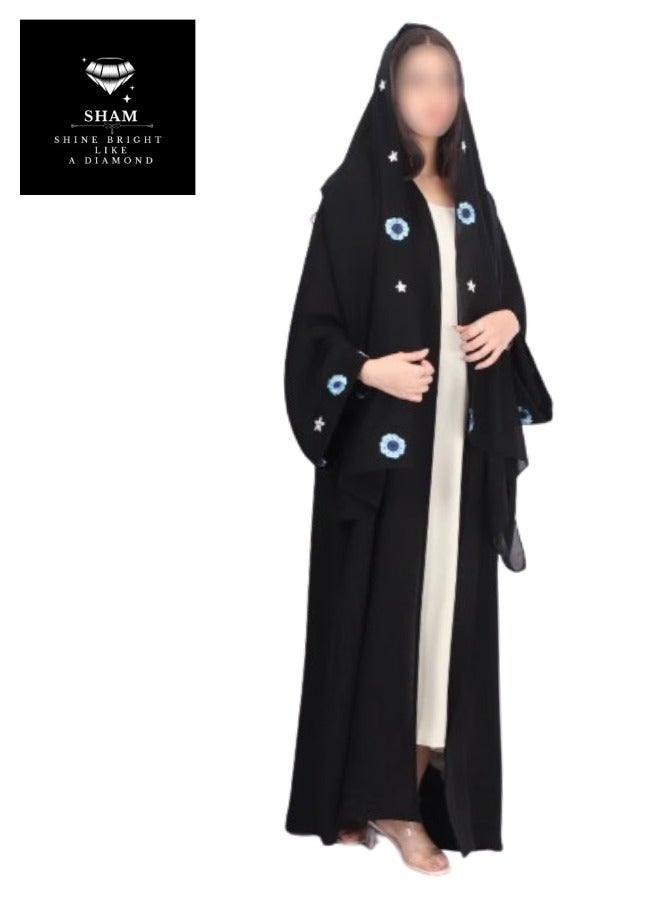 Sham Abaya embroidered with stars and blue flowers - Image 1