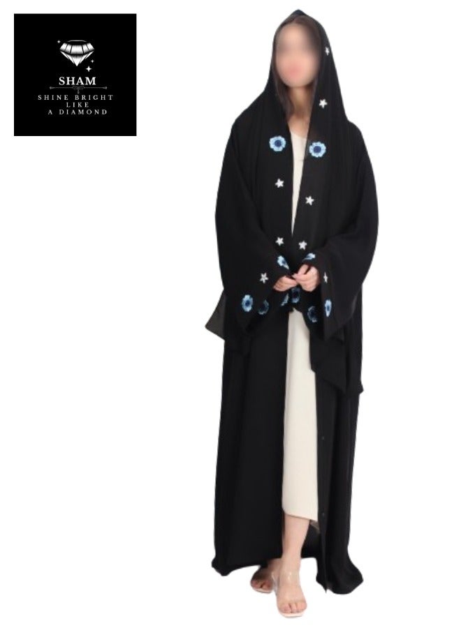 Sham Abaya embroidered with stars and blue flowers - Image 3