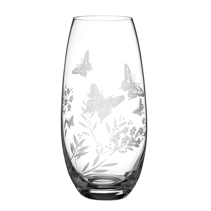 BUTTERFLY VASE HAND ETCHED BUTTERFLY WILD FLOWERS FLORAL PATTERN BARREL VASE 25CM CLEAR