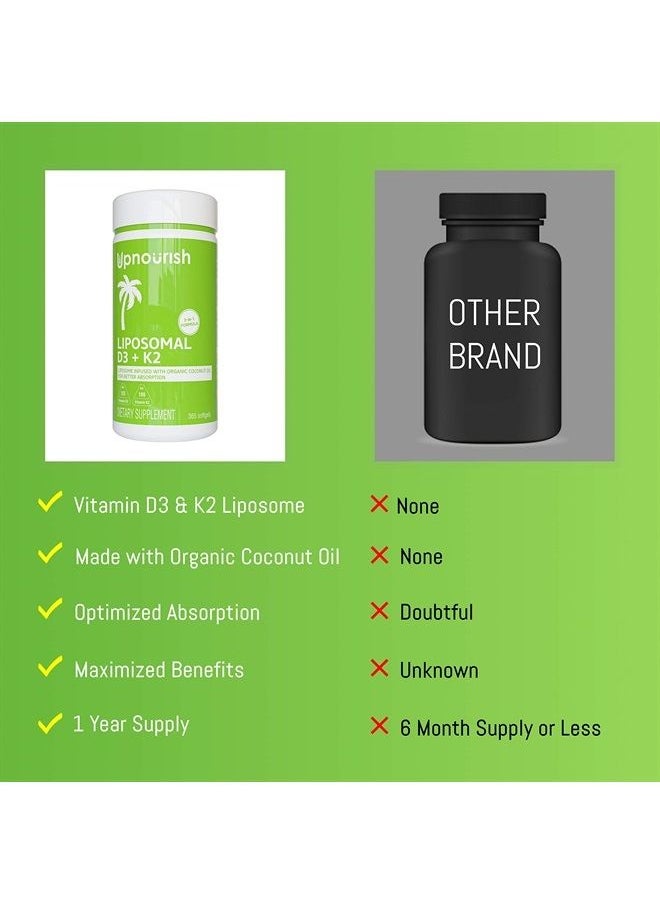 UpNourish - Liposomal Vitamin D3 K2 MK7 365 Softgels - VIT D3 5000 IU + K2 100 mcg with Organic Coconut Oil - K2 D3 Vitamin Supplement - Vitamin D and K Supplement - Non GMO Gluten Free - Image 1