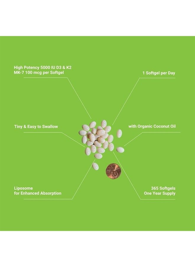 UpNourish - Liposomal Vitamin D3 K2 MK7 365 Softgels - VIT D3 5000 IU + K2 100 mcg with Organic Coconut Oil - K2 D3 Vitamin Supplement - Vitamin D and K Supplement - Non GMO Gluten Free - Image 1