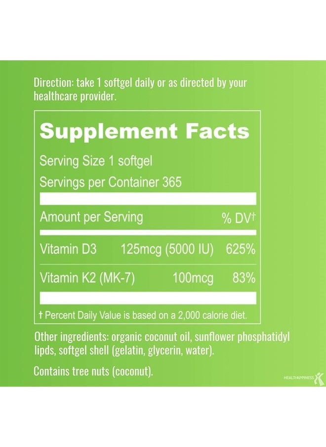 UpNourish - Liposomal Vitamin D3 K2 MK7 365 Softgels - VIT D3 5000 IU + K2 100 mcg with Organic Coconut Oil - K2 D3 Vitamin Supplement - Vitamin D and K Supplement - Non GMO Gluten Free - Image 1