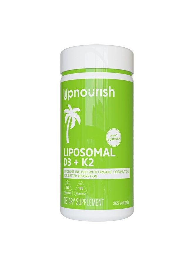 UpNourish - Liposomal Vitamin D3 K2 MK7 365 Softgels - VIT D3 5000 IU + K2 100 mcg with Organic Coconut Oil - K2 D3 Vitamin Supplement - Vitamin D and K Supplement - Non GMO Gluten Free - Image 1
