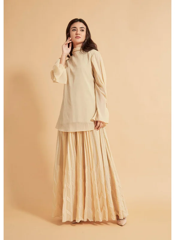 ذوق High Neck Chiffon Top And Chevron Pleated Skirt Set