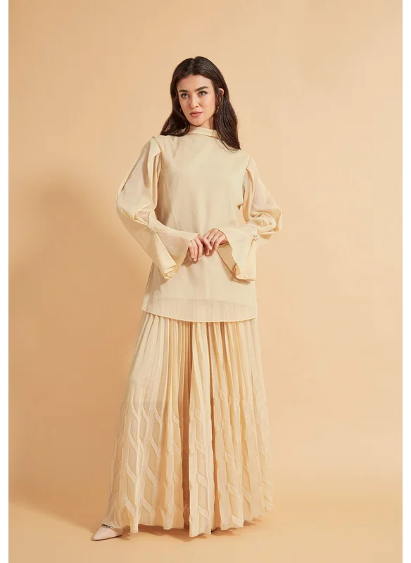 ذوق High Neck Chiffon Top And Chevron Pleated Skirt Set