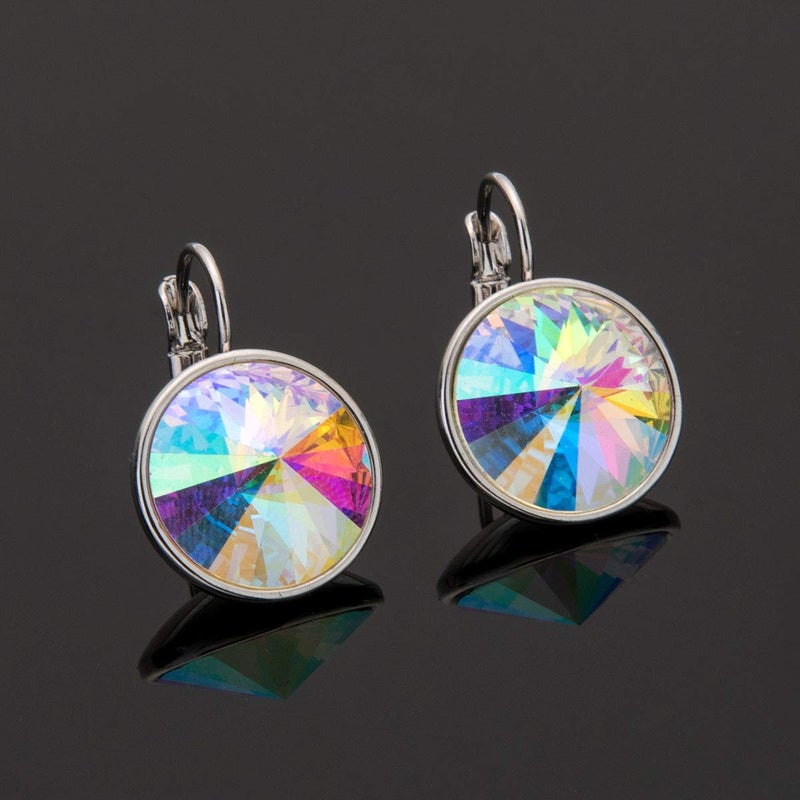 EVEVIC Austrian Crystals Round Drop Leverback Earrings for Women 14K Gold Plated Hypoallergenic Hoop Earrings (Aurora Borealis) - Image 3