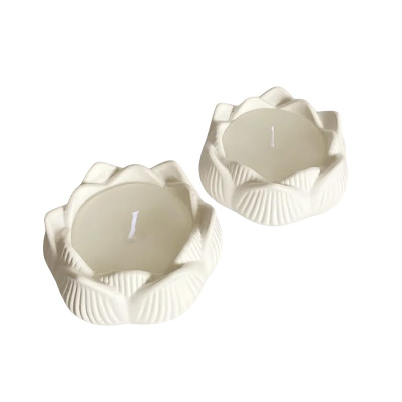 Itisha Treendzs Itisha Treendzs Lotus Shaped Scented Soy Candle Reuse as a Candle Holders White Resin Set of 2  - Image 1