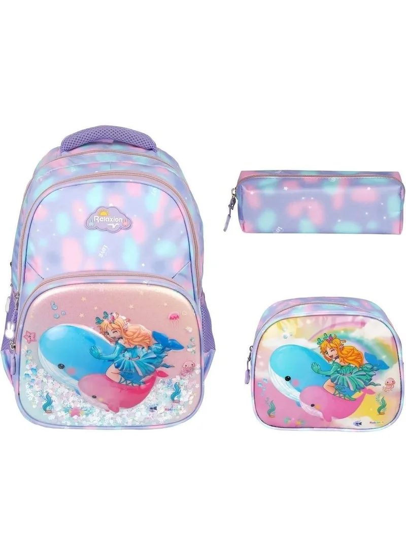 ريلاكسن Girl's Embossed Figured and Sequined 3-Piece Set Primary School Backpack with Nutrition and Pen Holder RLX1370