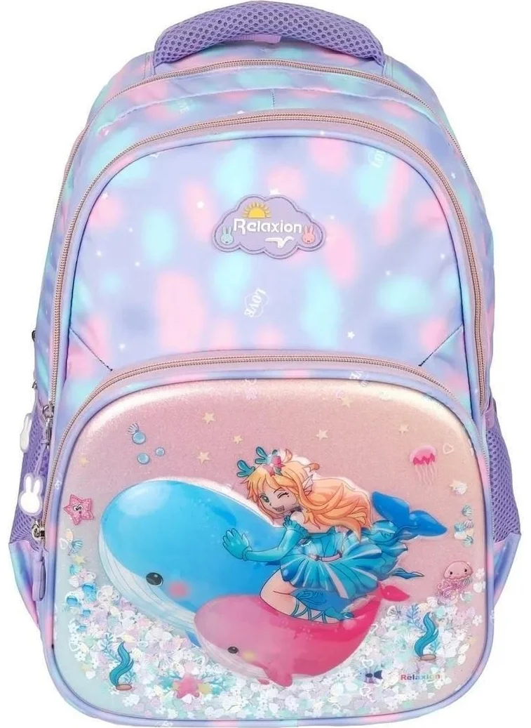ريلاكسن Girl's Embossed Figured and Sequined 3-Piece Set Primary School Backpack with Nutrition and Pen Holder RLX1370