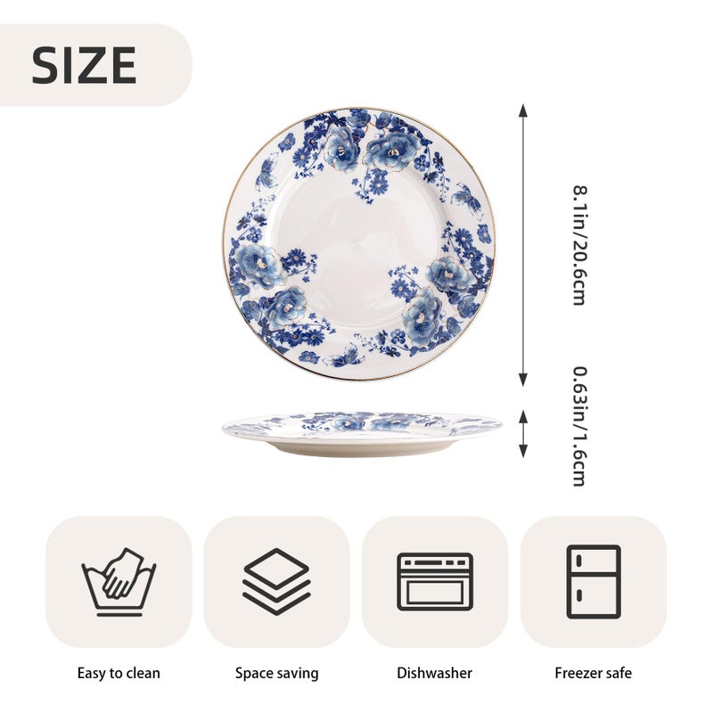 Agyiuns Porcelain Floral Plates, 8 inch, Set of 4,Small Plate, Small Appetizer Plates,Round dessert plate for breads, desserts, snacks, salads (Blue flowers) - Image 2