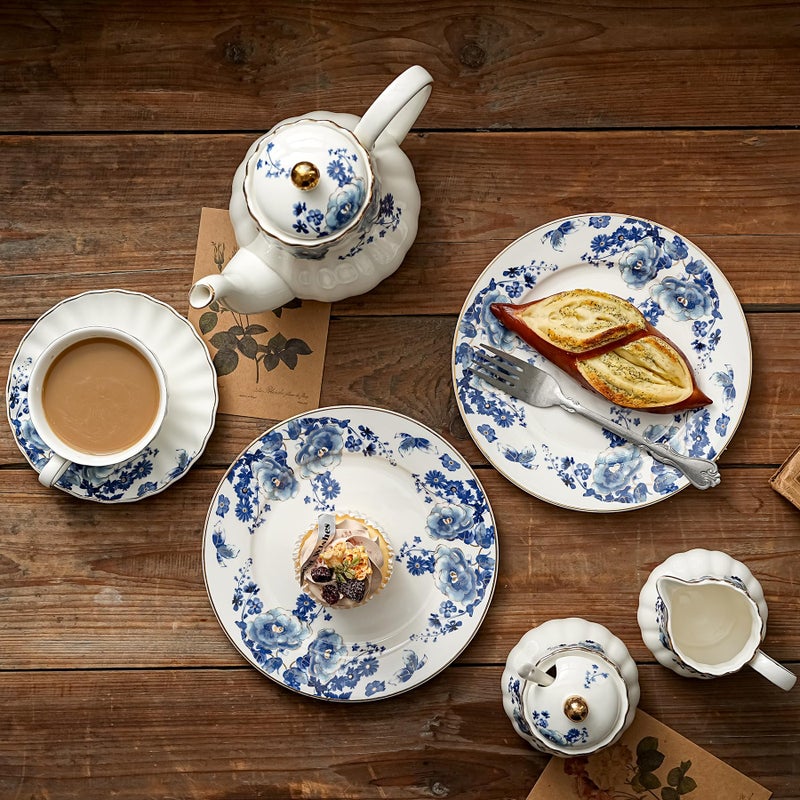 Agyiuns Porcelain Floral Plates, 8 inch, Set of 4,Small Plate, Small Appetizer Plates,Round dessert plate for breads, desserts, snacks, salads (Blue flowers) - Image 4