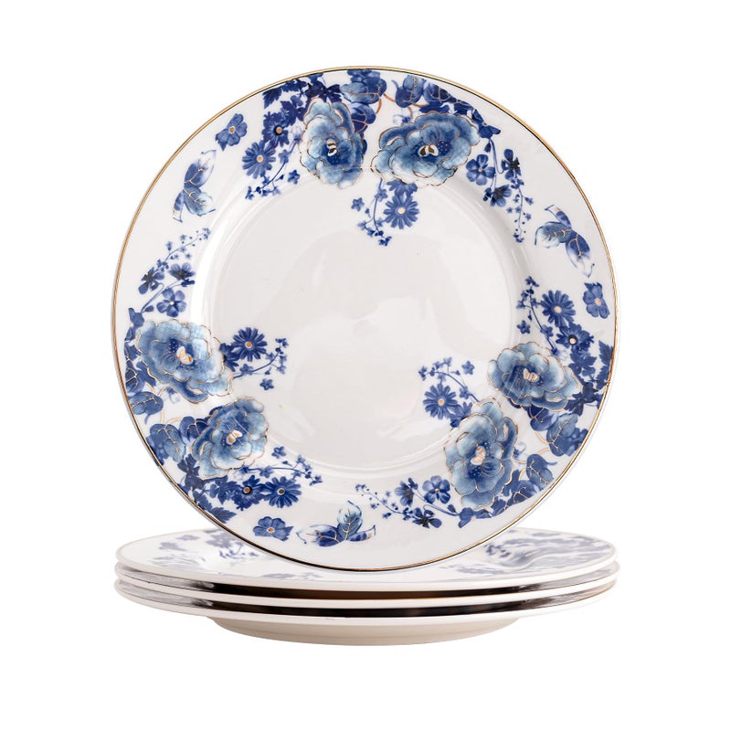 Agyiuns Porcelain Floral Plates, 8 inch, Set of 4,Small Plate, Small Appetizer Plates,Round dessert plate for breads, desserts, snacks, salads (Blue flowers) - Image 1