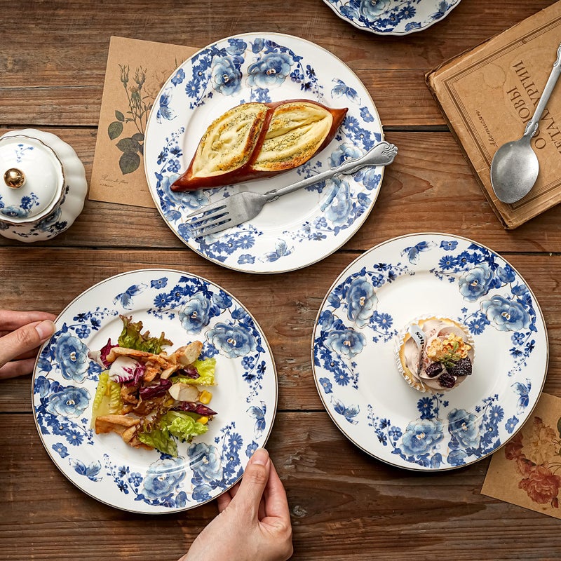 Agyiuns Porcelain Floral Plates, 8 inch, Set of 4,Small Plate, Small Appetizer Plates,Round dessert plate for breads, desserts, snacks, salads (Blue flowers) - Image 3