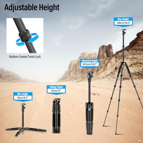 Sirui Compact Traveler 5C Tripod 54.3 inches Lightweight Carbon Fiber Travel Tripod for Camera with 360° Panorama Ball Head for Arca Swiss Quick Release Plate, Max Load 8.8lbs - Image 3