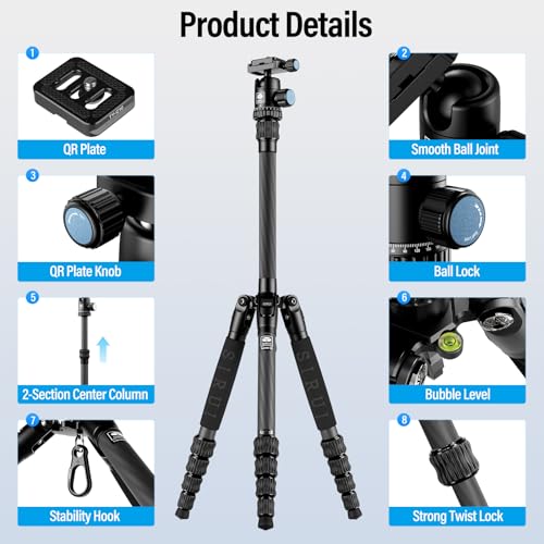 Sirui Compact Traveler 5C Tripod 54.3 inches Lightweight Carbon Fiber Travel Tripod for Camera with 360° Panorama Ball Head for Arca Swiss Quick Release Plate, Max Load 8.8lbs - Image 2