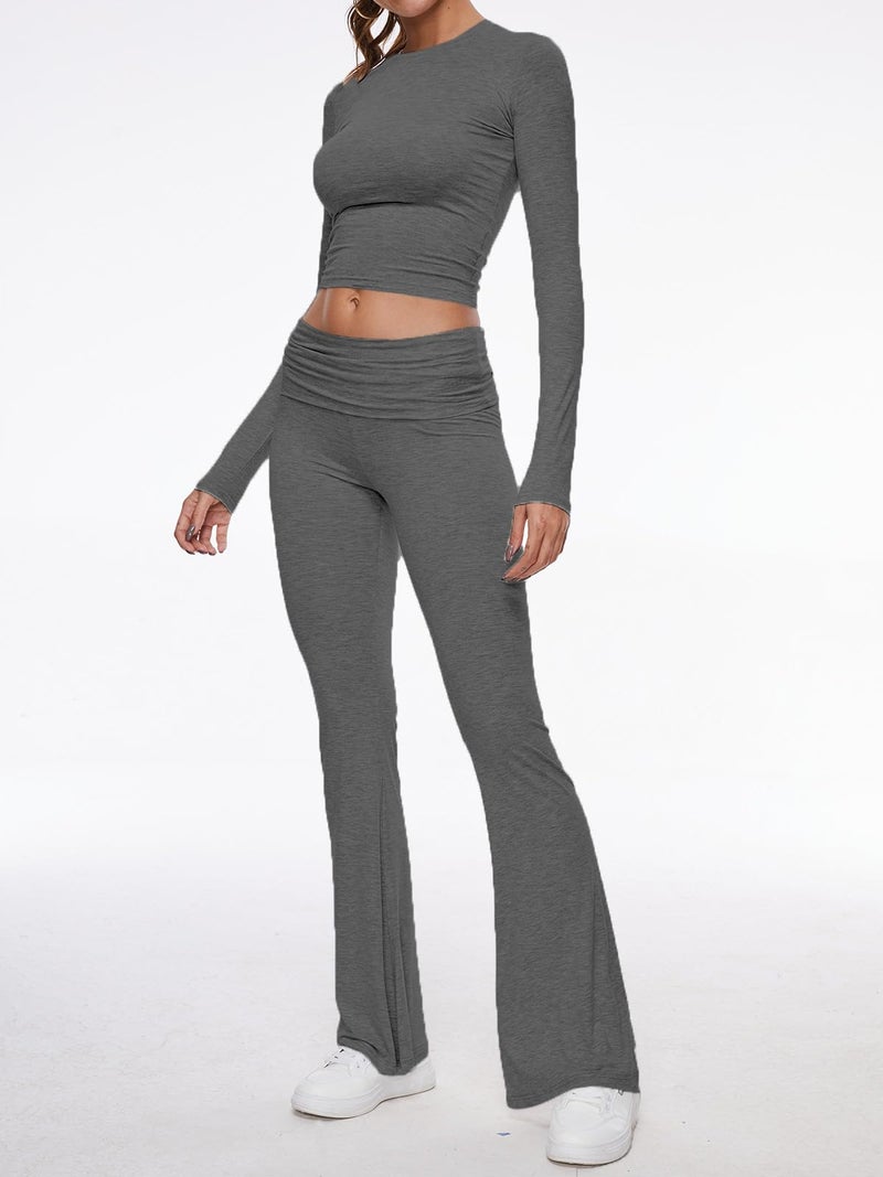 AnotherChill Women's 2 Piece Lounge Sets Fold-over Flare Pants Set Long Sleeve Cropped Top Casual Outfits Pajamas (Dark-Grey, Small) - Image 2