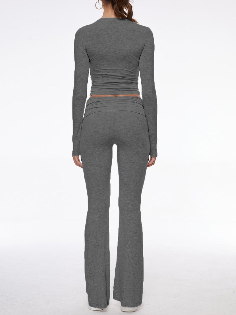 AnotherChill Women's 2 Piece Lounge Sets Fold-over Flare Pants Set Long Sleeve Cropped Top Casual Outfits Pajamas (Dark-Grey, Small) - Image 3