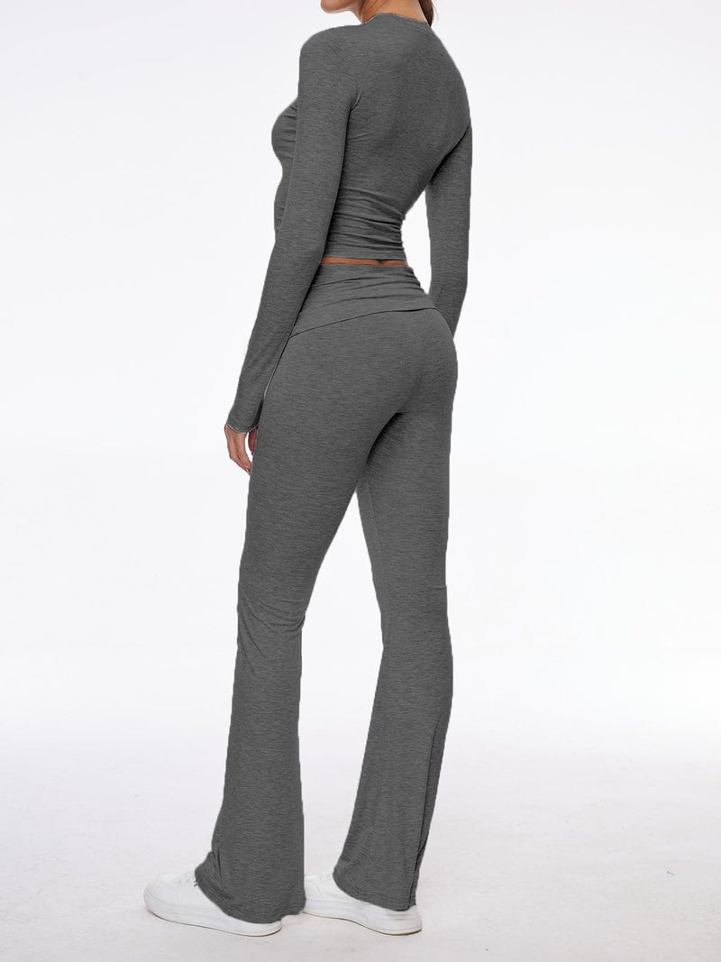 AnotherChill Women's 2 Piece Lounge Sets Fold-over Flare Pants Set Long Sleeve Cropped Top Casual Outfits Pajamas (Dark-Grey, Small) - Image 4