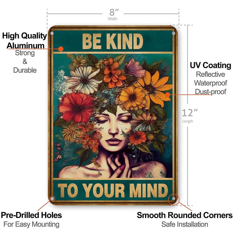 HYBLOM Vintage Room Decor  Boho Office Decor  Be Kind to Your Mind Wall Art Signs  Hippie Posters for House Aesthetic  Retro Metal Sign 12x8 Inches