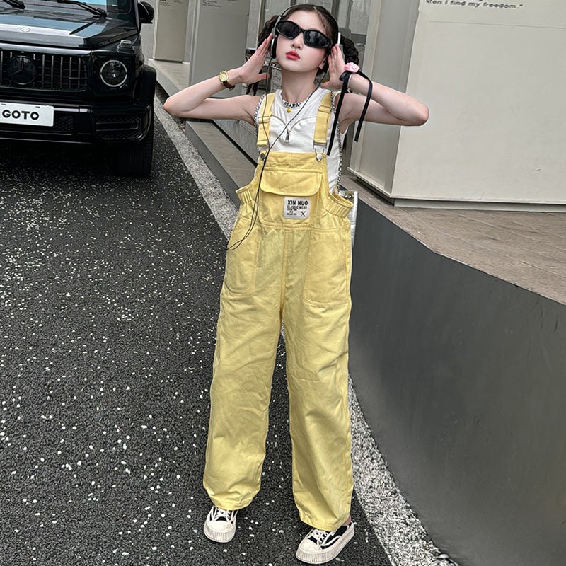 Girls summer suspenders two-piece set 205 new cuhk Korean childrens yellow thin washed cotton suit suspenders