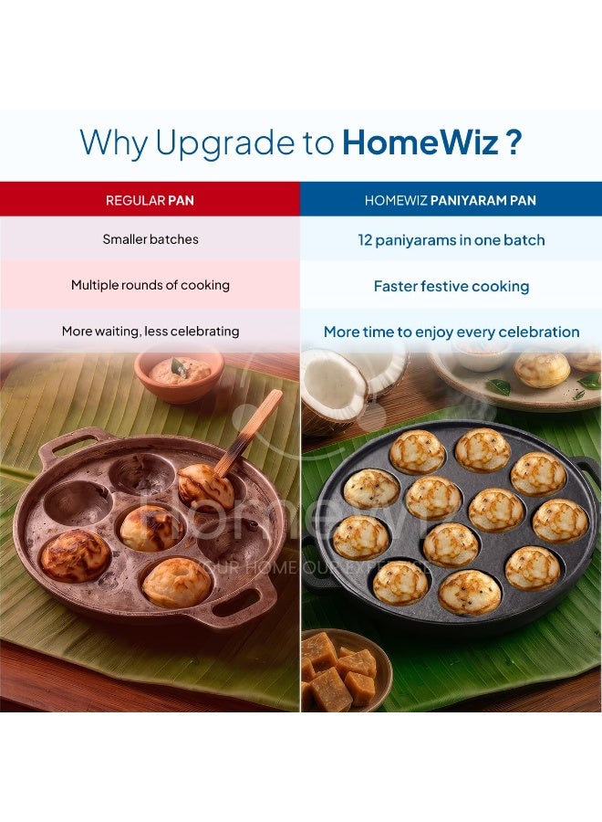 HomeWiz مقلاة "آبي" (Appe) من الحديد الزهر من HomeWiz - 12 تجويفاً، مقاس 26 سم | تتضمن موزع زيت مجاني سعة 500 مل | مُعالجة مسبقاً (مُتبّلة) لتحضير "آبام" و"بانيارام" و"آبي" | سطح غير لاصق | خصائص طبيعية مانعة للالتصاق | متوافقة مع مواقد الحث (Induction) ومواقد الغاز - Image 3