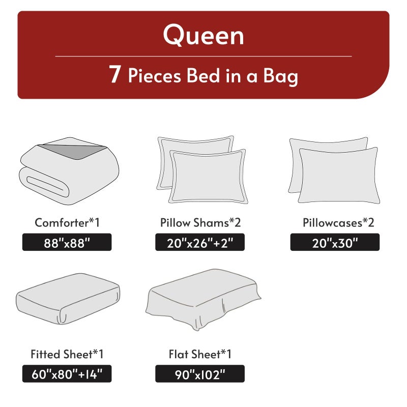 MUXHOMO 7 Pieces Queen Comforter Set, Reversible Bed in a Bag Queen Size, All Season Bedding Set with Comforter, Flat Sheet, Fitted Sheet, Pillowcases & Shams, Red & Black - Image 5