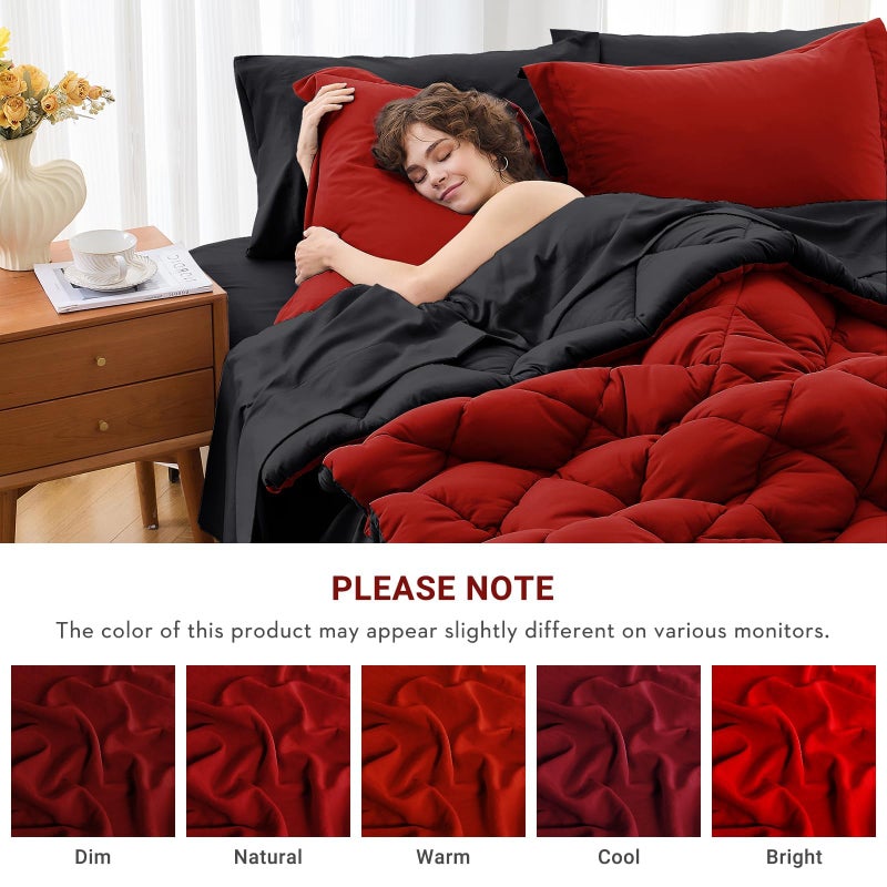 MUXHOMO 7 Pieces Queen Comforter Set, Reversible Bed in a Bag Queen Size, All Season Bedding Set with Comforter, Flat Sheet, Fitted Sheet, Pillowcases & Shams, Red & Black - Image 4