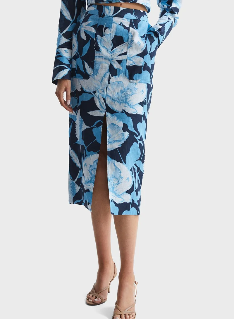 REISS High Waist Floral Printed Skirt