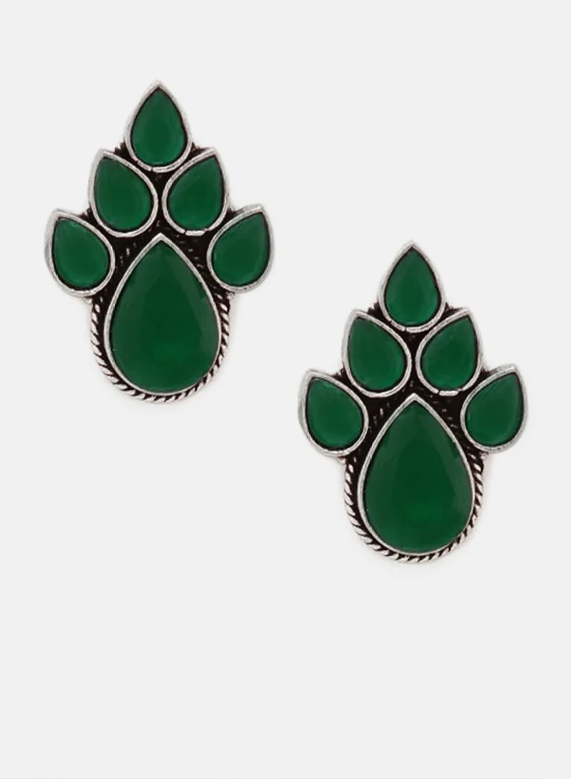 Priyaasi Oxidized Leaf Shaped Emerald Stone Studded Studs Earrings