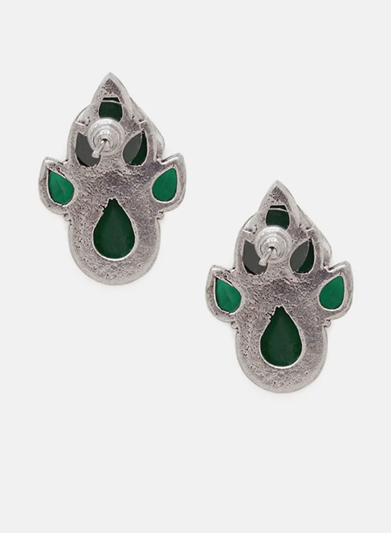 Priyaasi Oxidized Leaf Shaped Emerald Stone Studded Studs Earrings